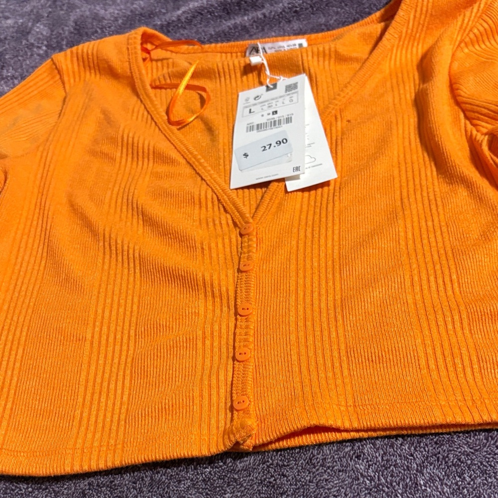 Orange Ribbed Button-Up Cardigan